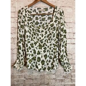LOFT Babydoll‎ Top Womens Medium Green & Ivory Cheetah Leopard Print Feminine